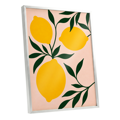Lemon Boughs, yellow, green, pink nature wall art shown as a silver framed poster wall art print