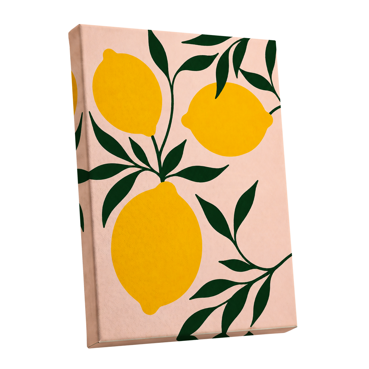 Lemon Boughs, yellow, green, pink nature wall art shown as a stretched canvas wall art