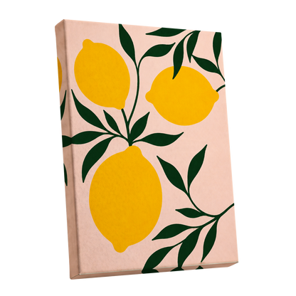 Lemon Boughs, yellow, green, pink nature wall art shown as a stretched canvas wall art