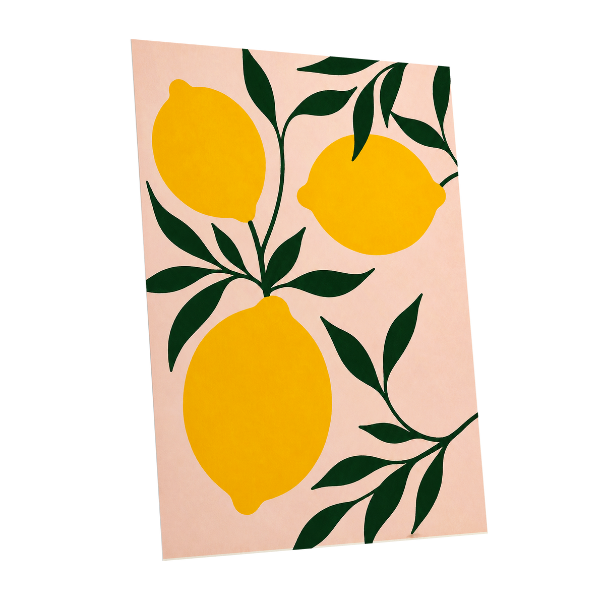 Lemon Boughs, yellow, green, pink nature wall art shown as a unframed poster wall art print