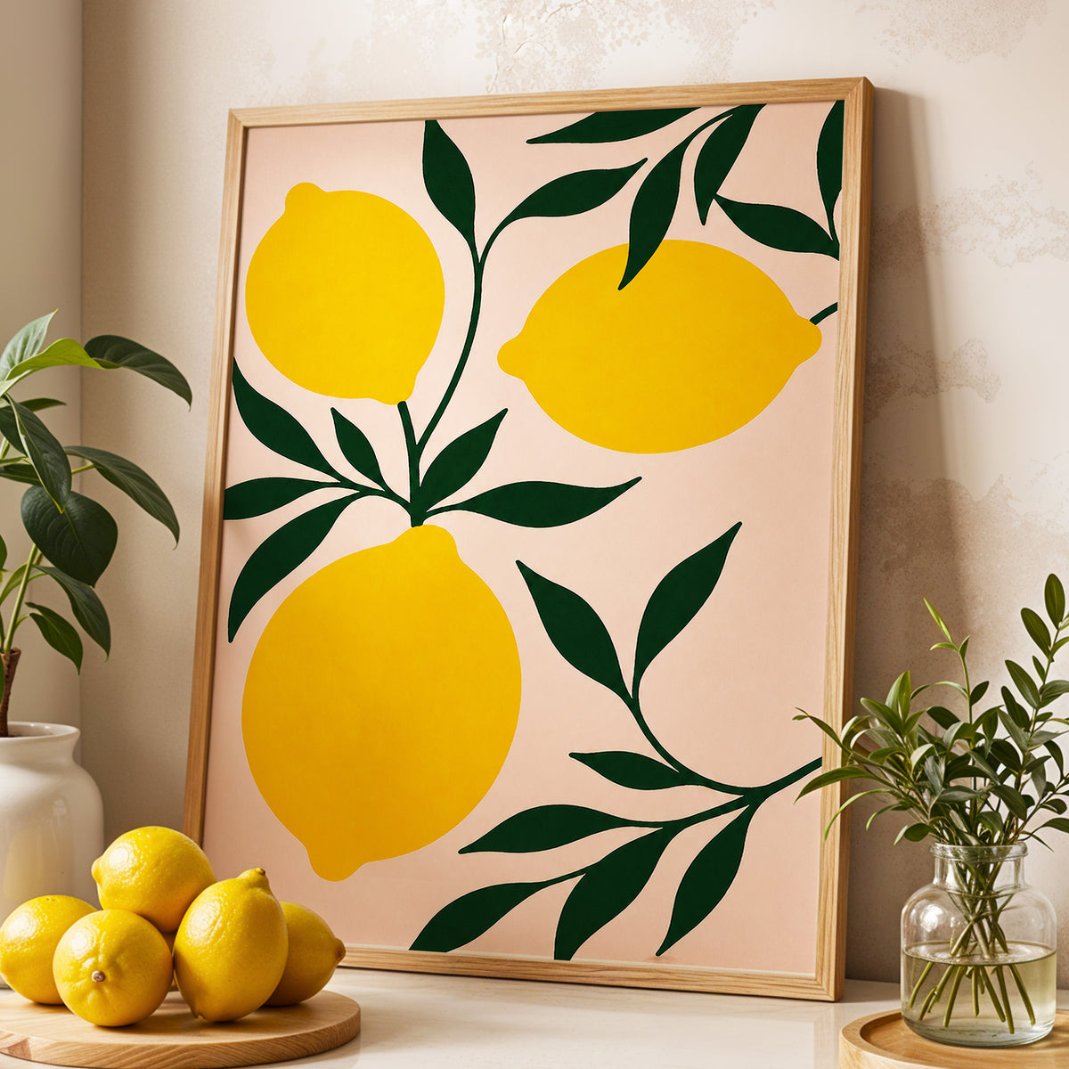 Lemon Boughs, yellow, green, pink nature wall art displayed in a styled interior, gallery view 2