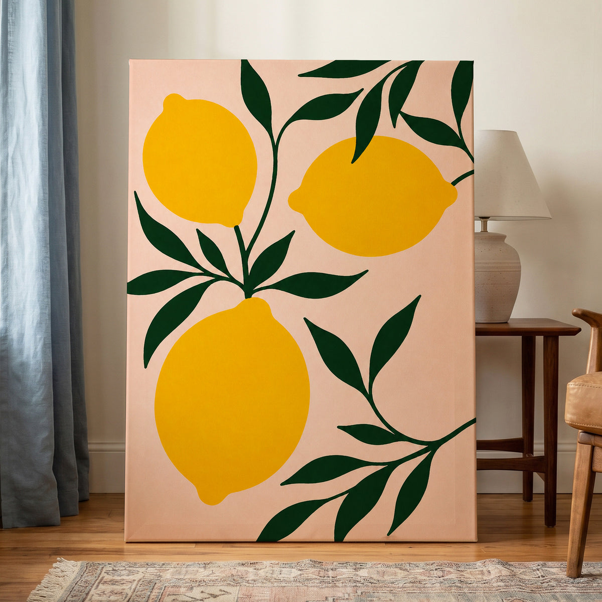 Lemon Boughs, yellow, green, pink nature wall art displayed in a styled interior, gallery view 3