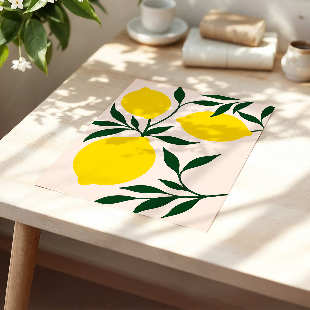 Lemon Boughs, yellow, green, pink nature wall art displayed in a styled interior, gallery view 5