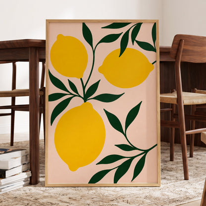 Lemon Boughs, yellow, green, pink nature wall art displayed in a styled interior, gallery view 6