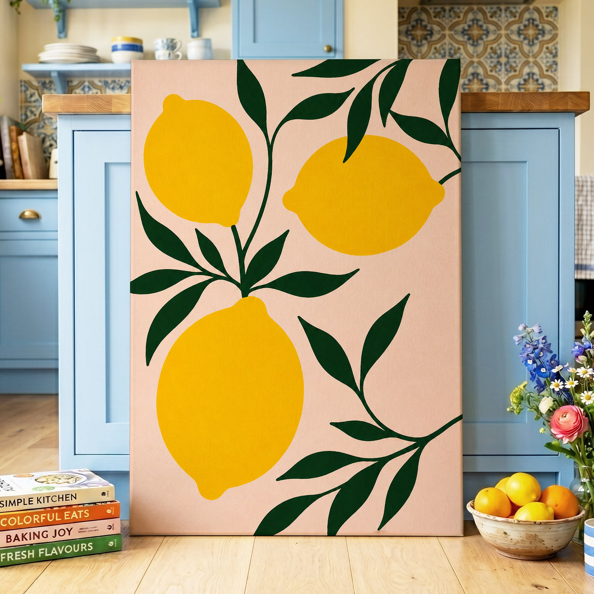 Lemon Boughs, yellow, green, pink nature wall art displayed in a styled interior, gallery view 7