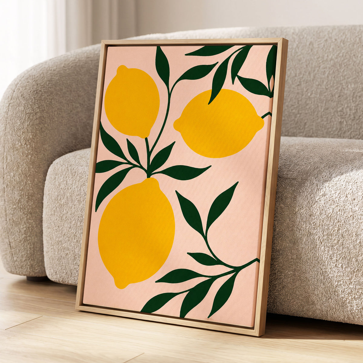 Lemon Boughs, yellow, green, pink nature wall art displayed in a styled interior, gallery view 8