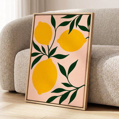 Lemon Boughs, yellow, green, pink nature wall art displayed in a styled interior, gallery view 8