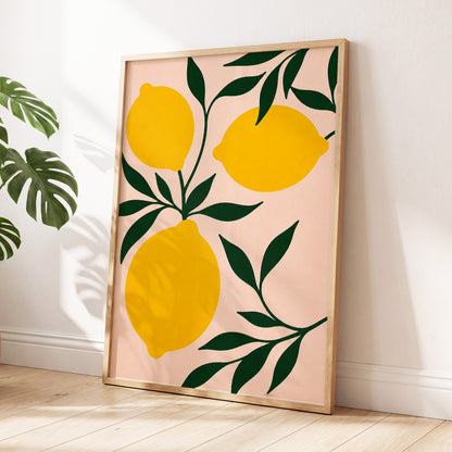Lemon Boughs, yellow, green, pink nature wall art displayed in a styled interior, gallery view 9