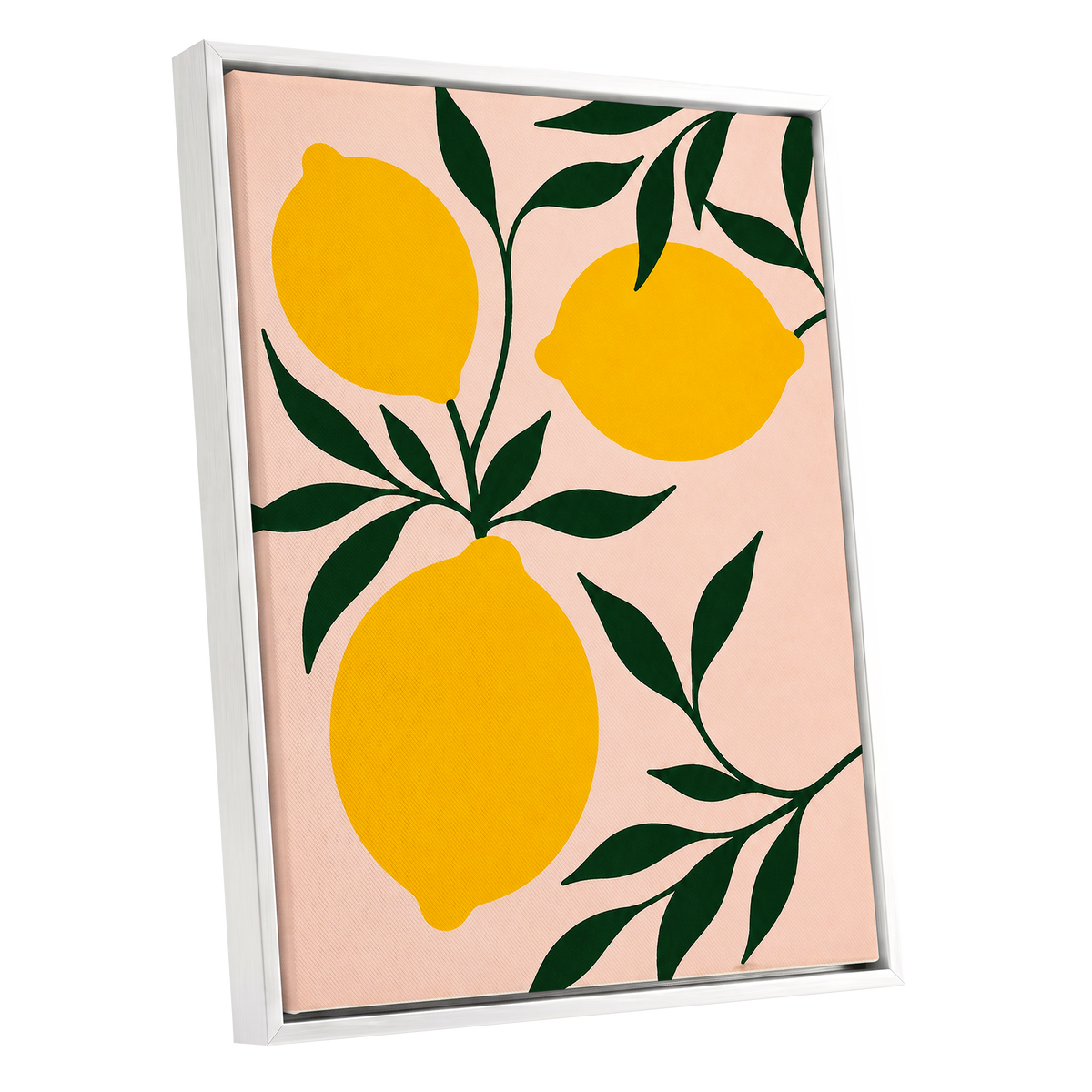 Lemon Boughs, yellow, green, pink nature wall art shown as a white framed canvas wall art