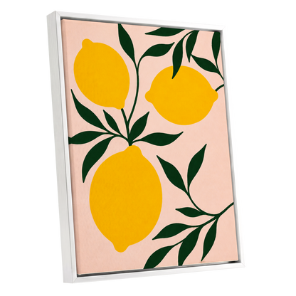 Lemon Boughs, yellow, green, pink nature wall art shown as a white framed canvas wall art
