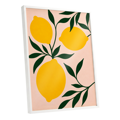 Lemon Boughs, yellow, green, pink nature wall art shown as a white framed poster wall art print