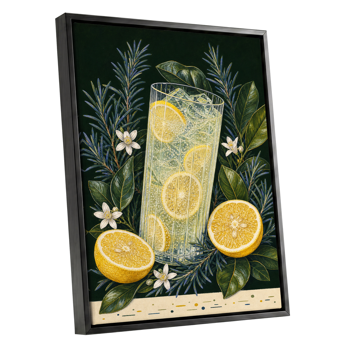 Lemon Grove Fizz, green, yellow, white nature wall art shown as a black framed canvas wall art