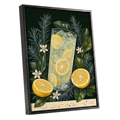 Lemon Grove Fizz, green, yellow, white nature wall art shown as a black framed canvas wall art
