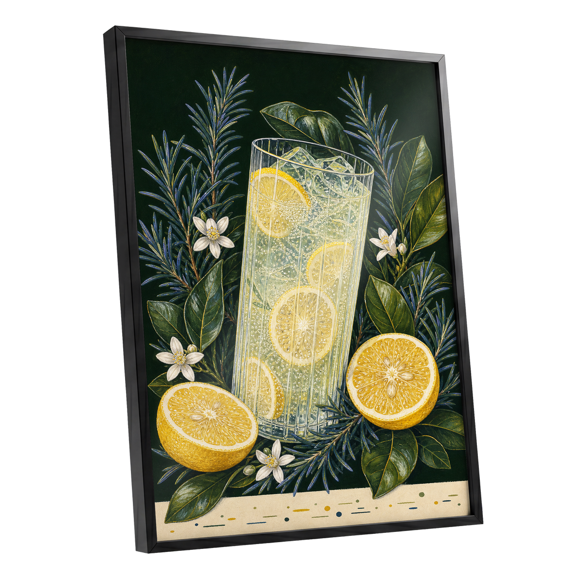 Lemon Grove Fizz, green, yellow, white nature wall art shown as a black framed poster wall art print