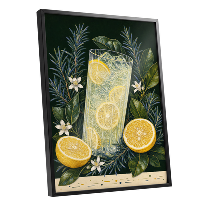 Lemon Grove Fizz, green, yellow, white nature wall art shown as a black framed poster wall art print