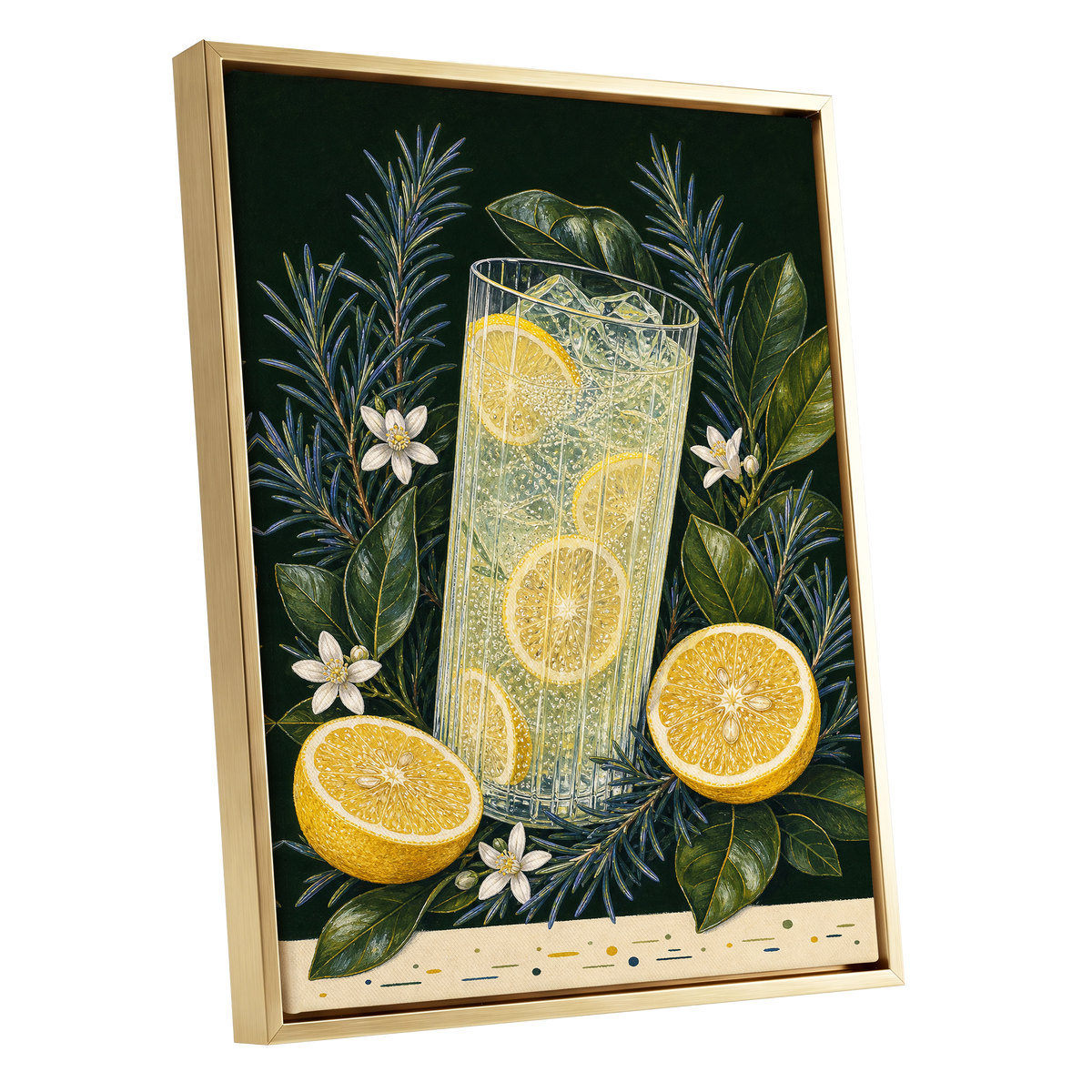 Lemon Grove Fizz, green, yellow, white nature wall art shown as a gold framed canvas wall art