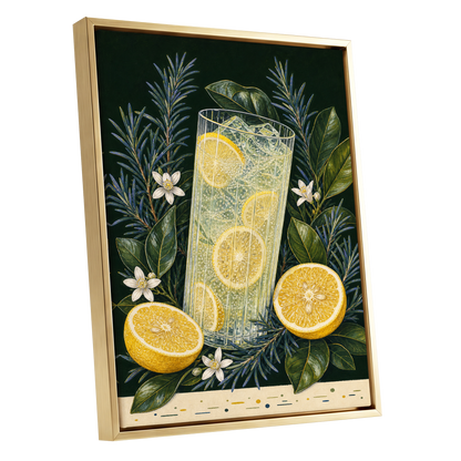 Lemon Grove Fizz, green, yellow, white nature wall art shown as a gold framed canvas wall art