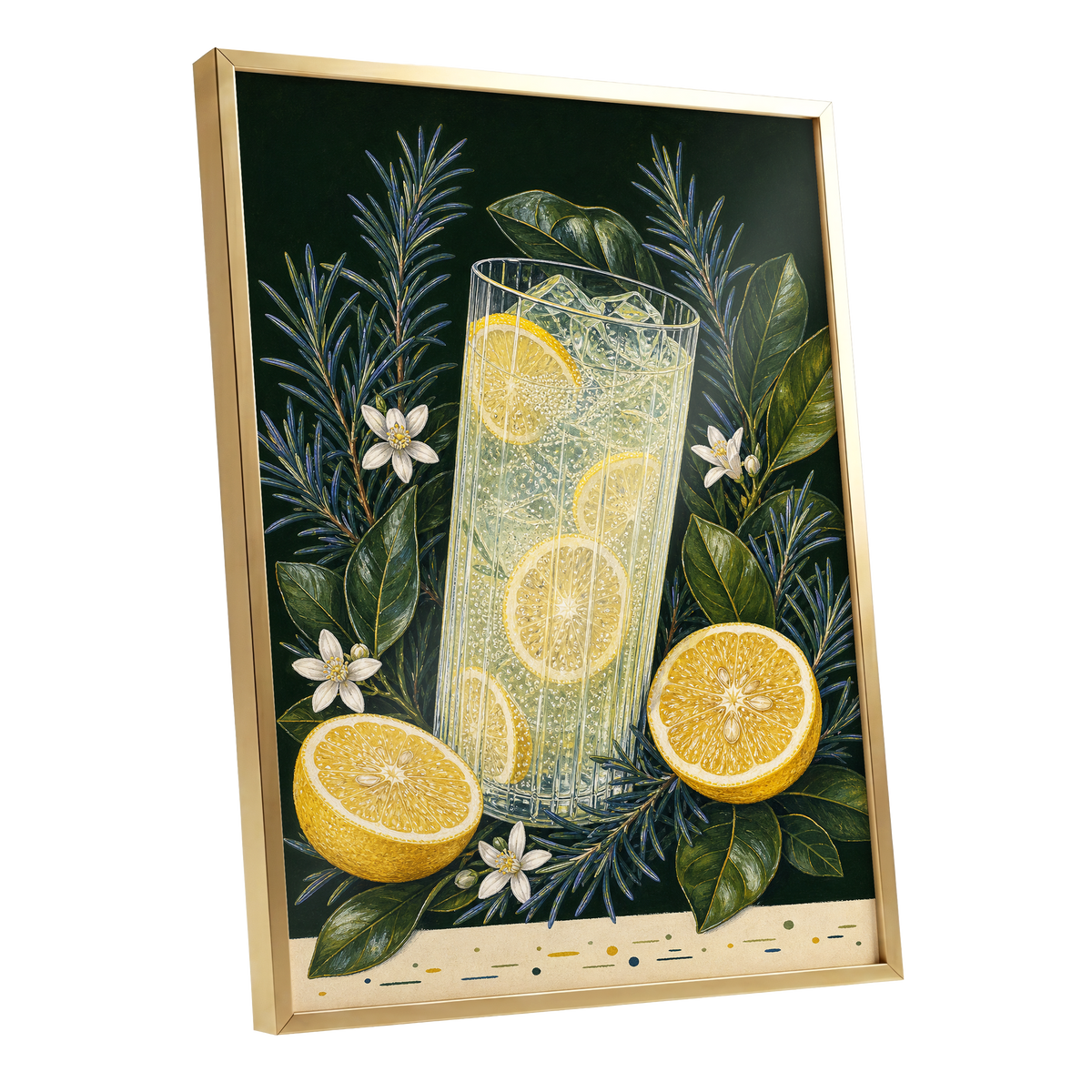 Lemon Grove Fizz, green, yellow, white nature wall art shown as a gold framed poster wall art print