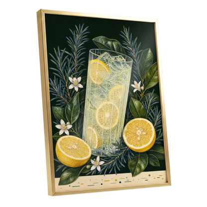 Lemon Grove Fizz, green, yellow, white nature wall art shown as a gold framed poster wall art print