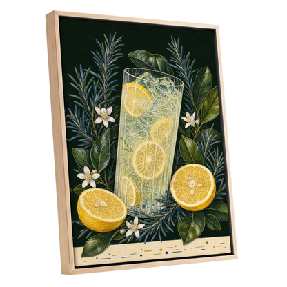 Lemon Grove Fizz, green, yellow, white nature wall art shown as a oak framed canvas wall art