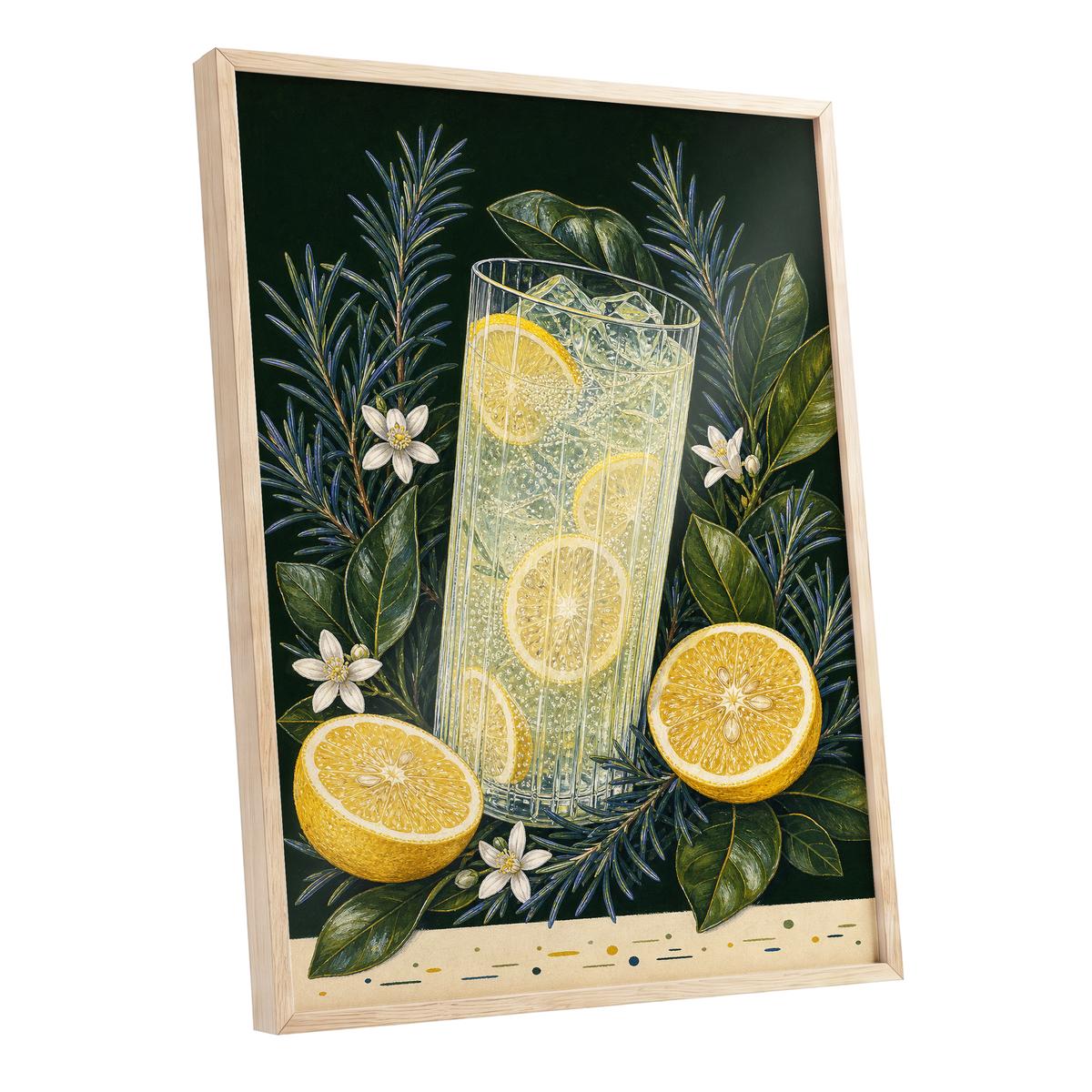 Lemon Grove Fizz, green, yellow, white nature wall art shown as a oak framed poster wall art print