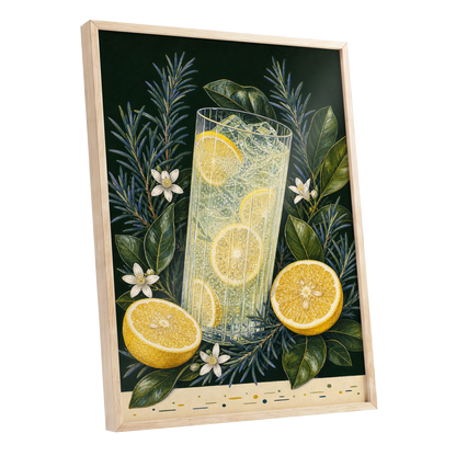 Lemon Grove Fizz, green, yellow, white nature wall art shown as a oak framed poster wall art print