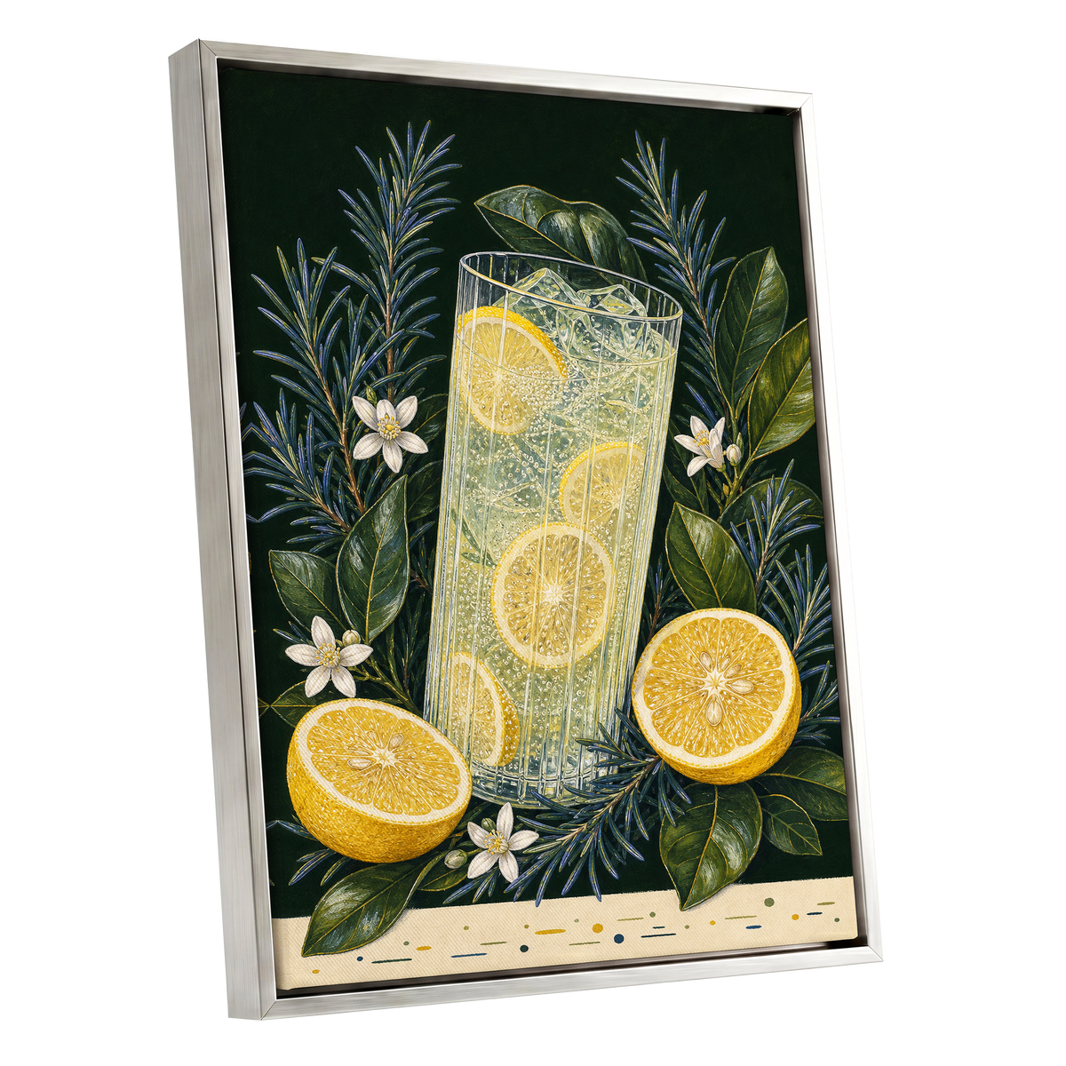 Lemon Grove Fizz, green, yellow, white nature wall art shown as a silver framed canvas wall art
