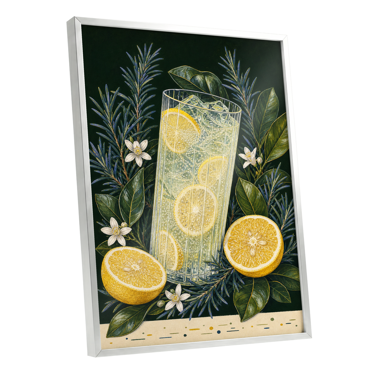 Lemon Grove Fizz, green, yellow, white nature wall art shown as a silver framed poster wall art print