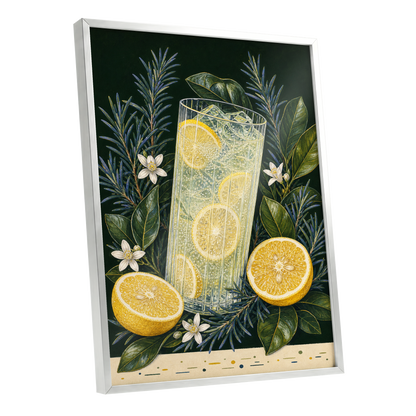 Lemon Grove Fizz, green, yellow, white nature wall art shown as a silver framed poster wall art print