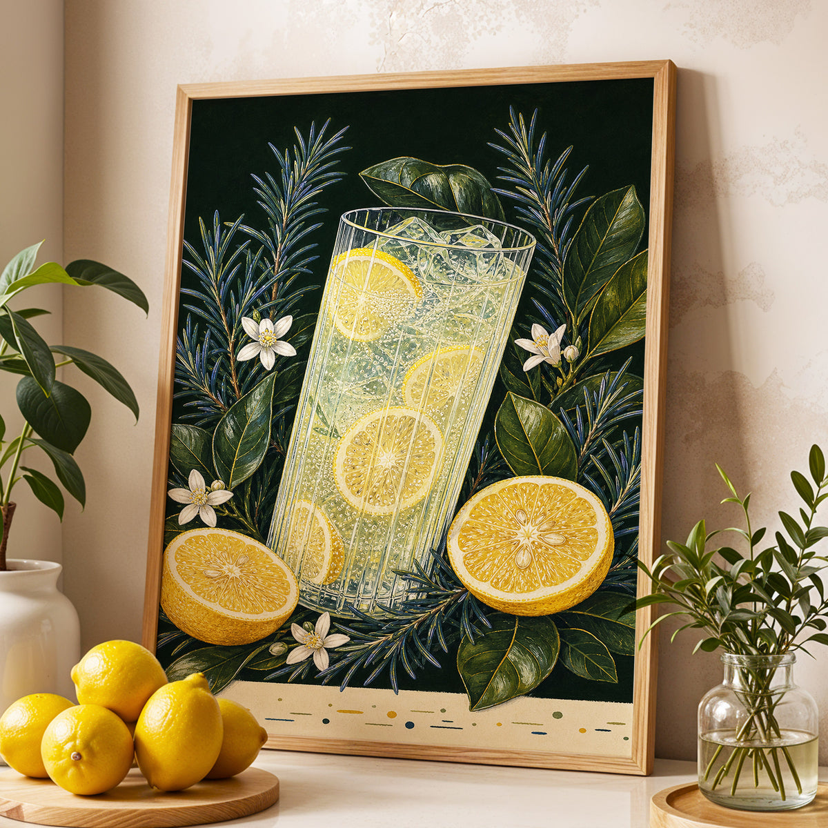 Lemon Grove Fizz, green, yellow, white nature wall art displayed in a styled interior, gallery view 2