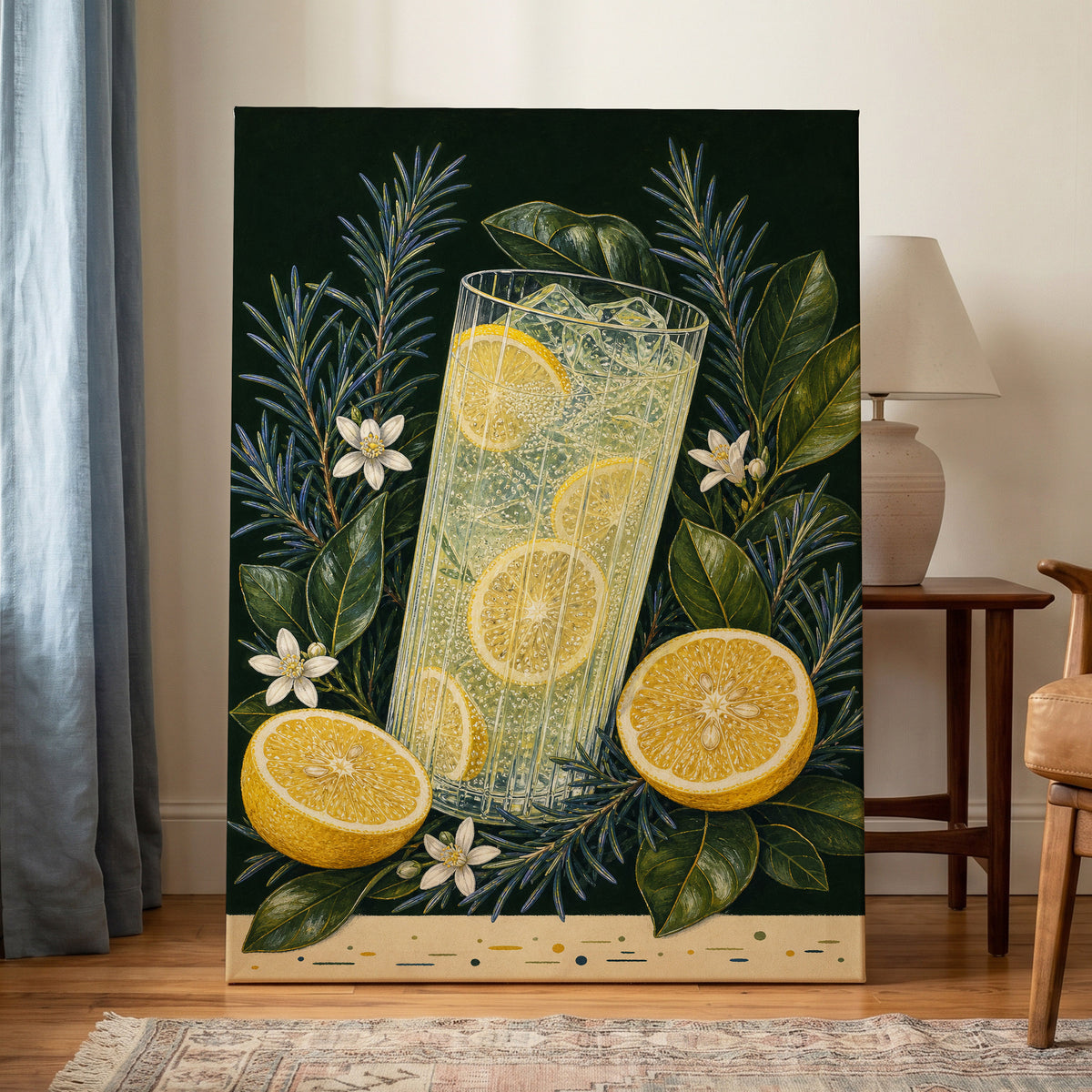 Lemon Grove Fizz, green, yellow, white nature wall art displayed in a styled interior, gallery view 3