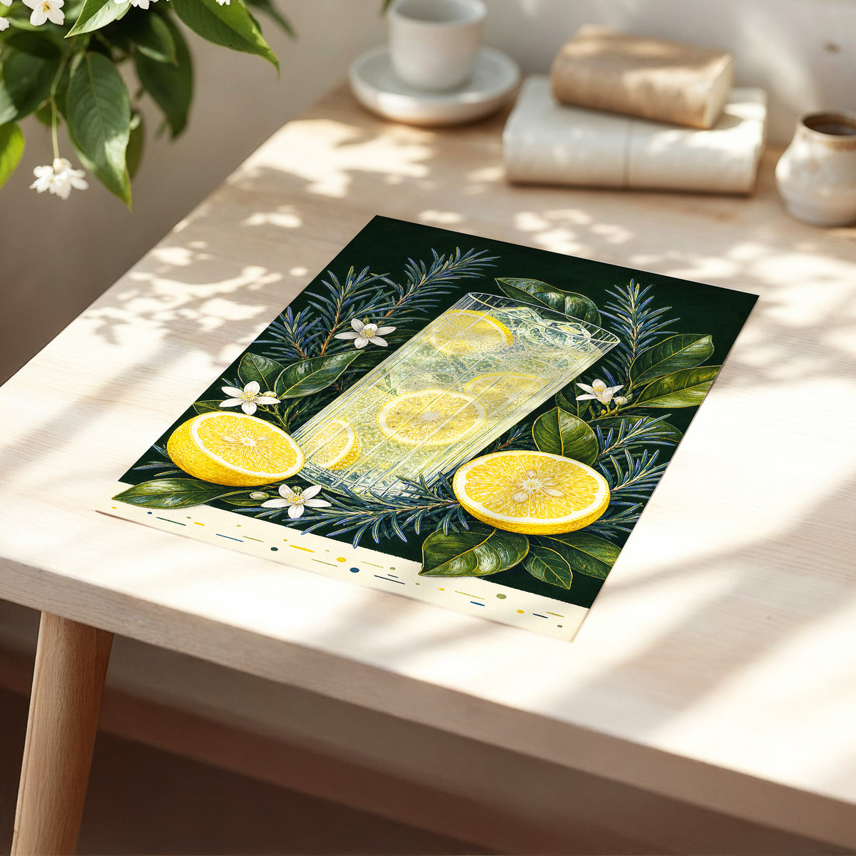 Lemon Grove Fizz, green, yellow, white nature wall art displayed in a styled interior, gallery view 5