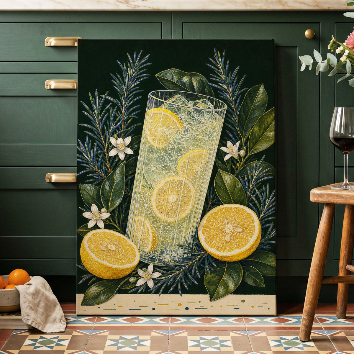 Lemon Grove Fizz, green, yellow, white nature wall art displayed in a styled interior, gallery view 7