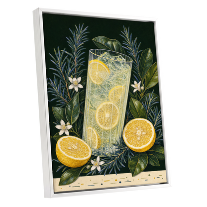 Lemon Grove Fizz, green, yellow, white nature wall art shown as a white framed canvas wall art