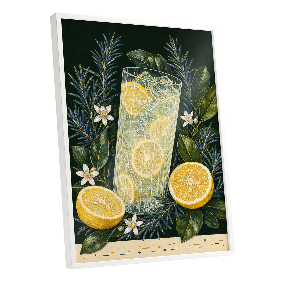Lemon Grove Fizz, green, yellow, white nature wall art shown as a white framed poster wall art print
