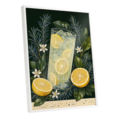 Lemon Grove Fizz, green, yellow, white nature wall art shown as a white framed poster wall art print