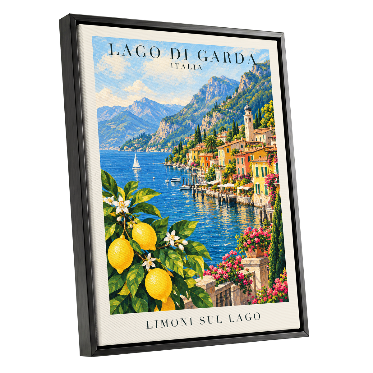 Lemon Light on Garda, blue, green, yellow nature wall art shown as a black framed canvas wall art