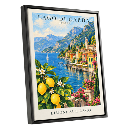 Lemon Light on Garda, blue, green, yellow nature wall art shown as a black framed canvas wall art