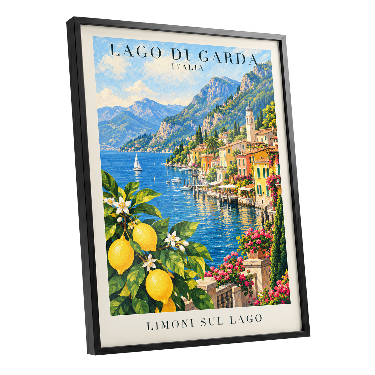 Lemon Light on Garda, blue, green, yellow nature wall art shown as a black framed poster wall art print