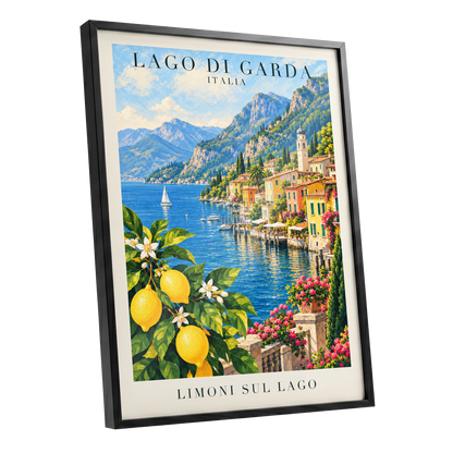 Lemon Light on Garda, blue, green, yellow nature wall art shown as a black framed poster wall art print