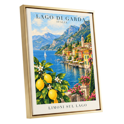 Lemon Light on Garda, blue, green, yellow nature wall art shown as a gold framed canvas wall art