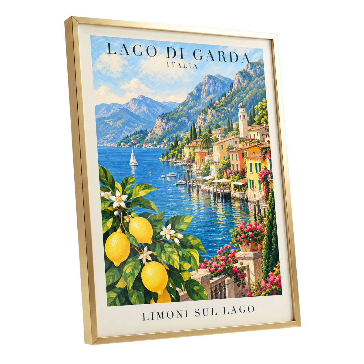 Lemon Light on Garda, blue, green, yellow nature wall art shown as a gold framed poster wall art print