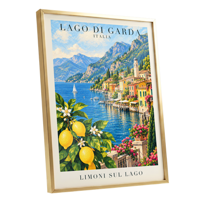 Lemon Light on Garda, blue, green, yellow nature wall art shown as a gold framed poster wall art print