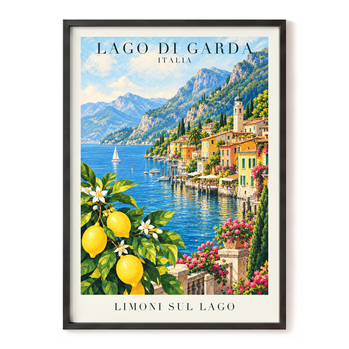 Lemon Light on Garda, blue, green, yellow nature wall art, front artwork view