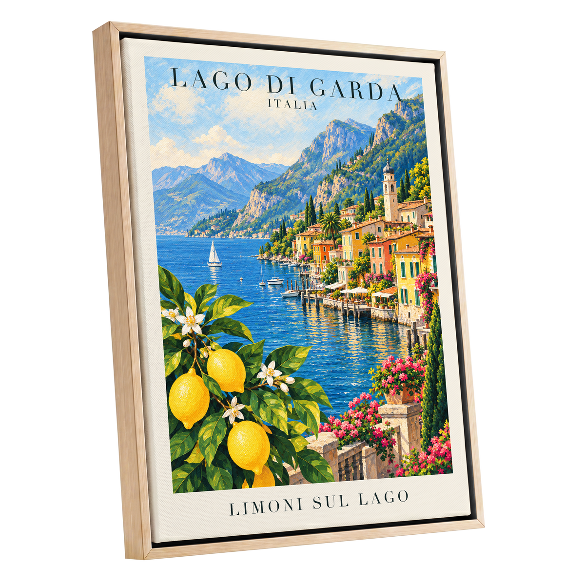 Lemon Light on Garda, blue, green, yellow nature wall art shown as a oak framed canvas wall art