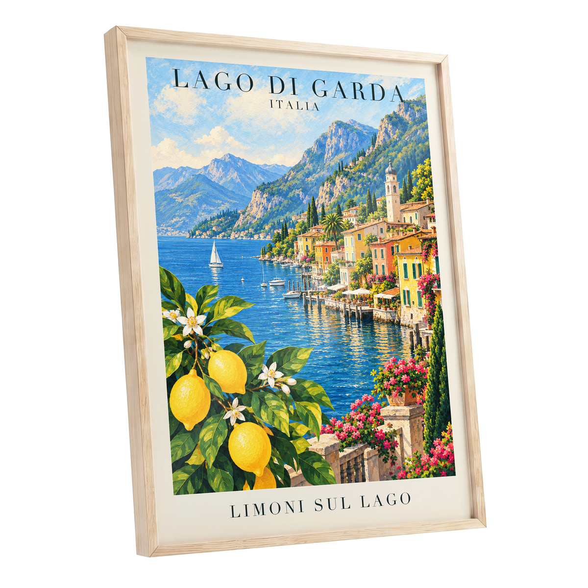 Lemon Light on Garda, blue, green, yellow nature wall art shown as a oak framed poster wall art print