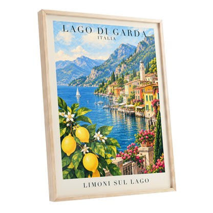 Lemon Light on Garda, blue, green, yellow nature wall art shown as a oak framed poster wall art print