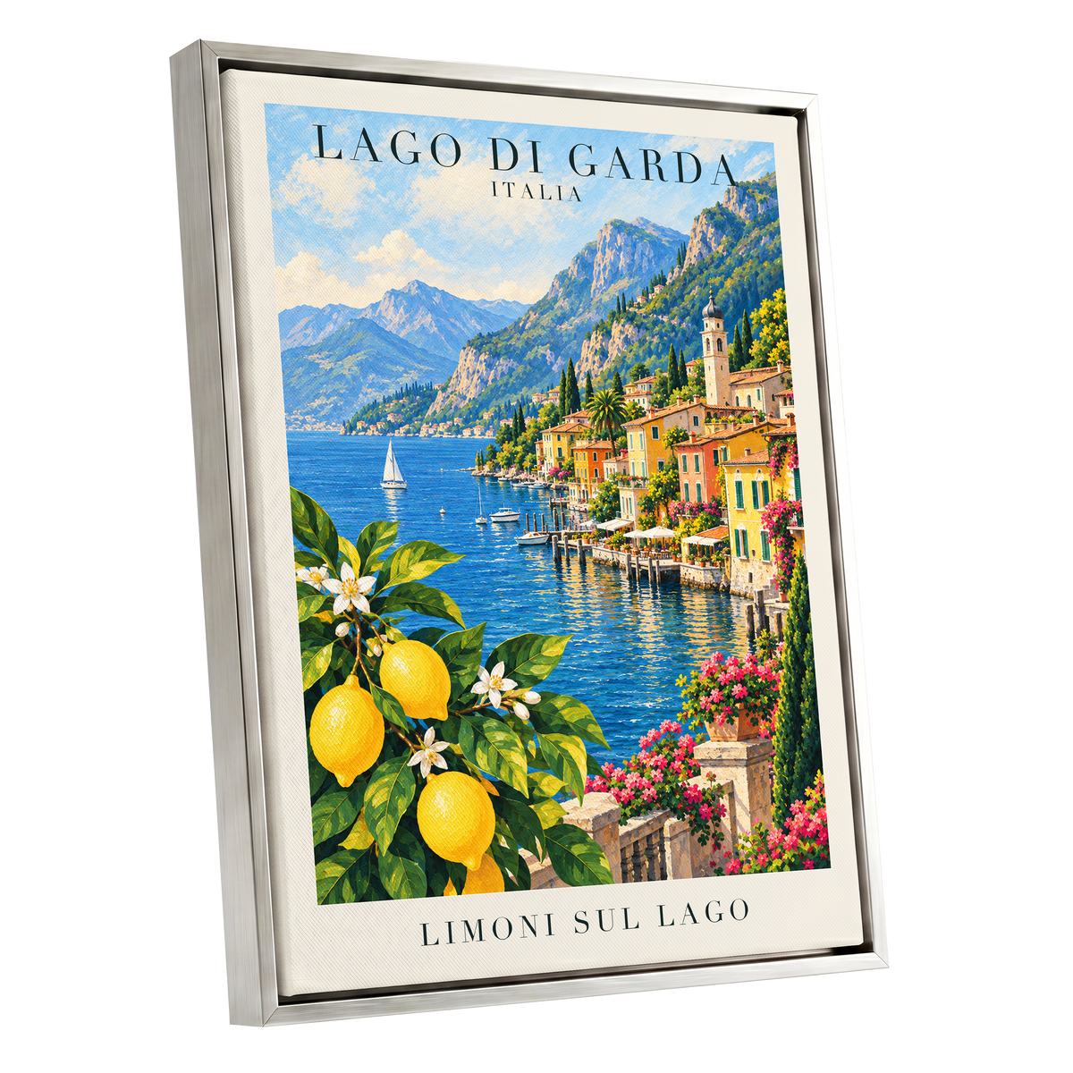 Lemon Light on Garda, blue, green, yellow nature wall art shown as a silver framed canvas wall art