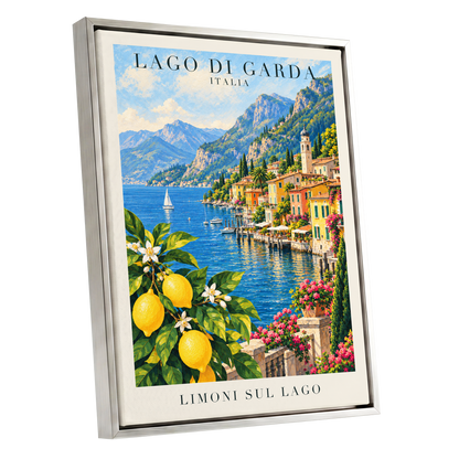 Lemon Light on Garda, blue, green, yellow nature wall art shown as a silver framed canvas wall art