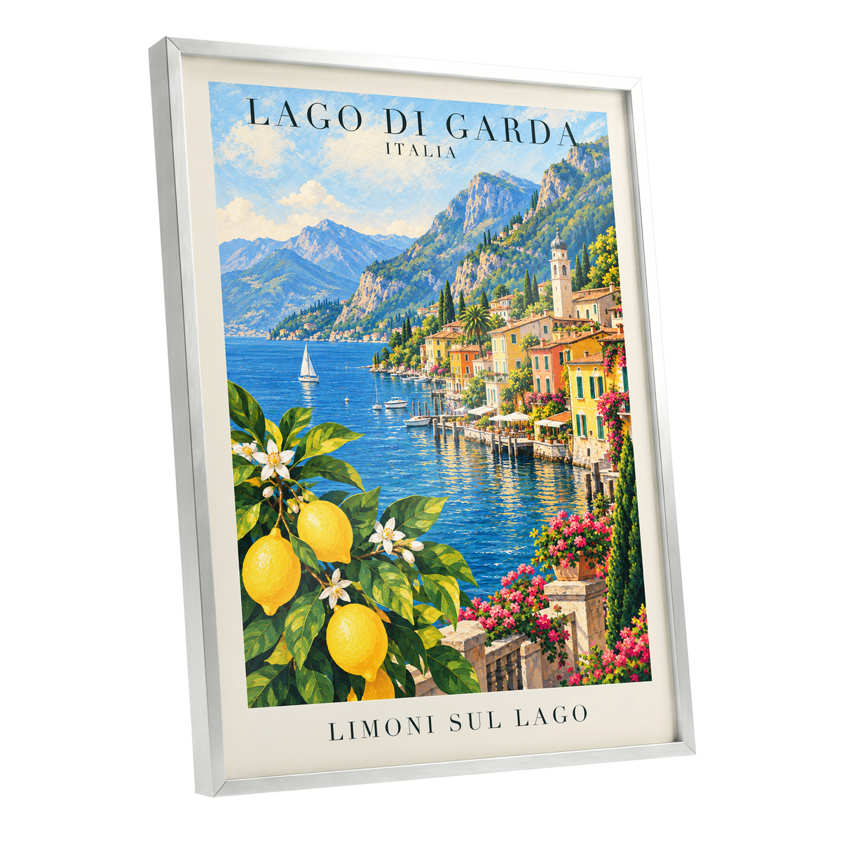 Lemon Light on Garda, blue, green, yellow nature wall art shown as a silver framed poster wall art print